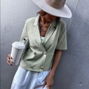 Mint Green Medium Women Blazer with Gold Buttons SHEIN